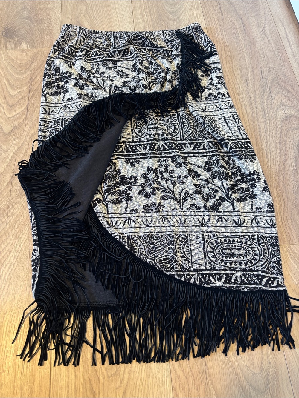 Joseph Ribkoff Black & Cream Fringe Wrap Skirt Size 10 - Picture 7 of 13
